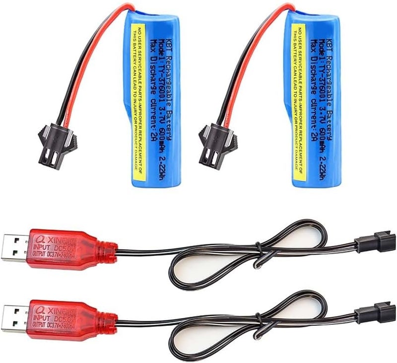 KBT KEEP BETTER TECH KBT 2 Pack 3.7 Volt 600mAh Li-ion Rechargeable Battery Pack, RC Car SM-2P Plug 3.7v Lithium-ion Batteries with 2 RC Batteries Charger Cable for RC Truck, RC Boat, RC Stunt Car - Image 1